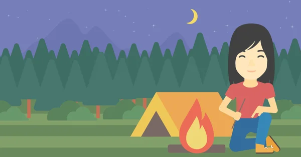 Woman kindling campfire vector illustration. — Stockový vektor