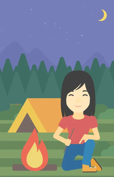 Woman kindling campfire vector illustration. — Stock Vector