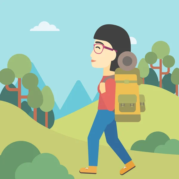 Woman with backpack hiking vector illustration. — Stock Vector