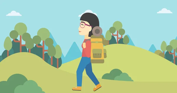 Woman with backpack hiking vector illustration. — Stock Vector