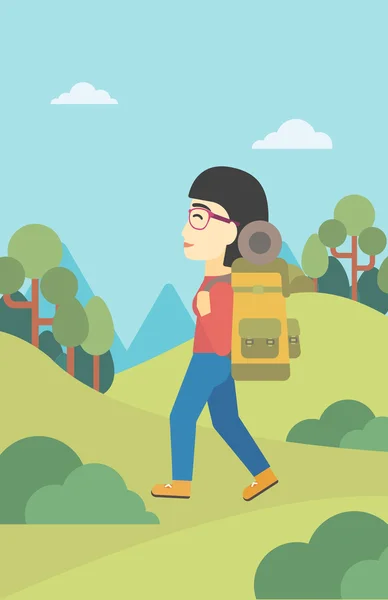 Woman with backpack hiking vector illustration. — Stock Vector