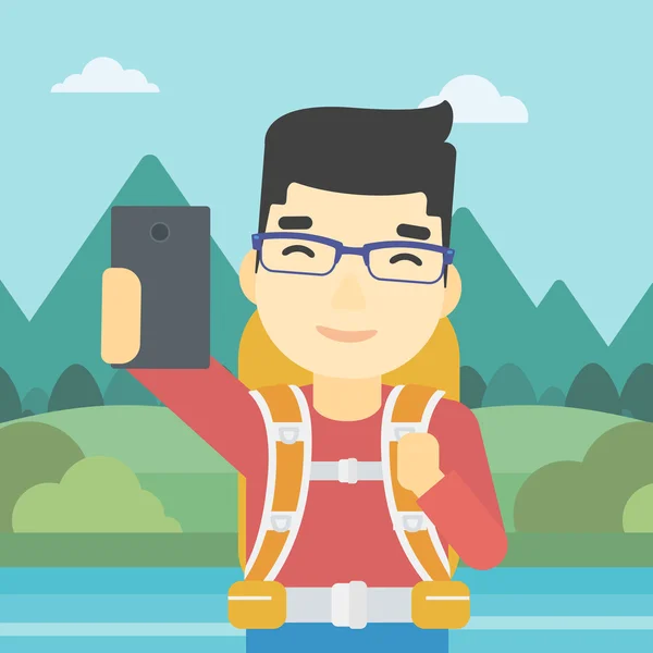 Hombre con mochila haciendo selfie . — Vector de stock