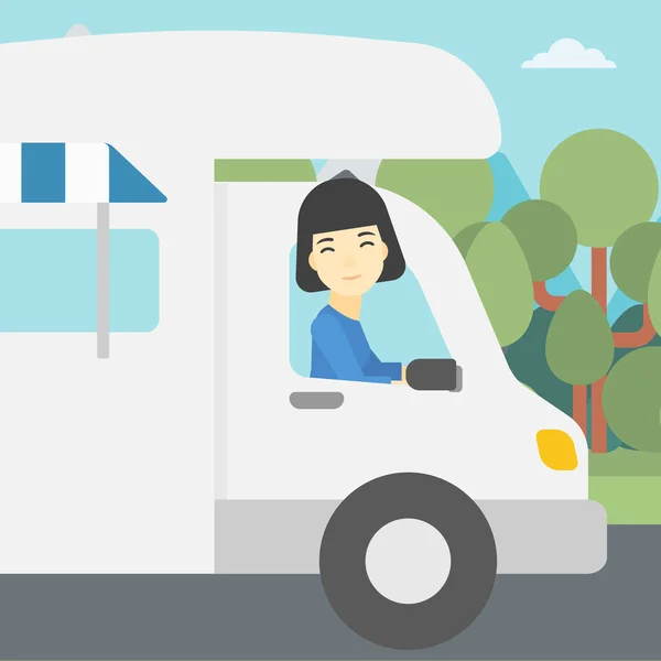 Woman driving motor home vector illustration. — 图库矢量图片