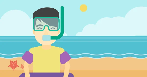 Homem com equipamento de snorkel na praia . — Vetor de Stock
