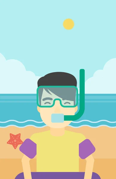 Uomo con attrezzatura da snorkeling sulla spiaggia . — Vettoriale Stock