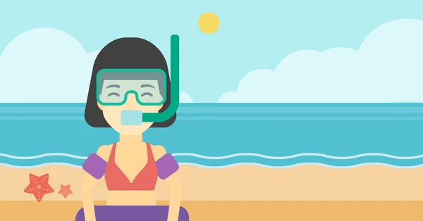 Mujer con equipo de snorkel en la playa . — Vector de stock