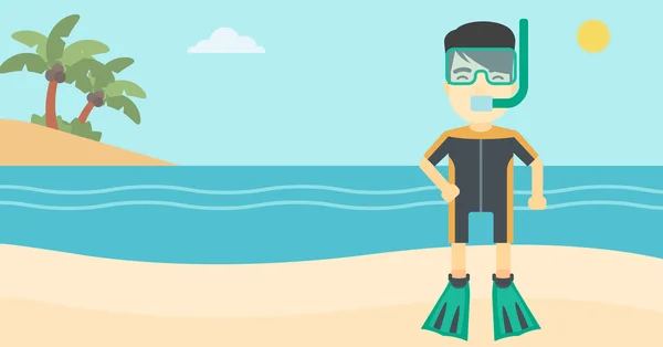 Mužský potápěč na pláži-ilustrace. — Stockový vektor