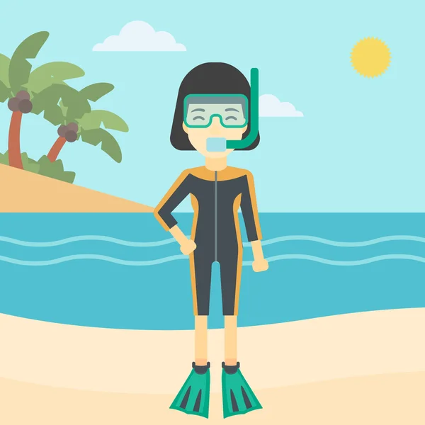 Vrouwelijke Scuba Diver op strand vector illustratie. — Stockvector