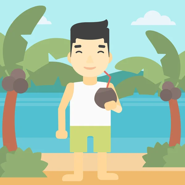 Man drinking coconut cocktail on the beach. — Stock Vector