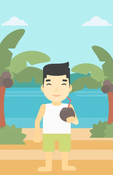 Hombre bebiendo coctel de coco en la playa . — Archivo Imágenes Vectoriales