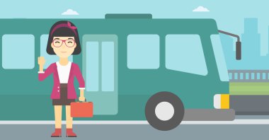 Woman travelling by bus vector illustration.