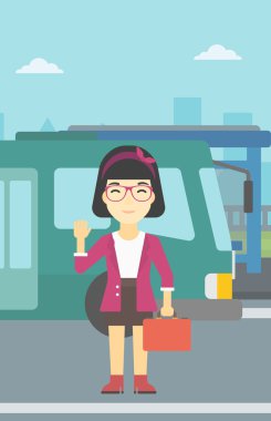 Woman travelling by bus vector illustration.