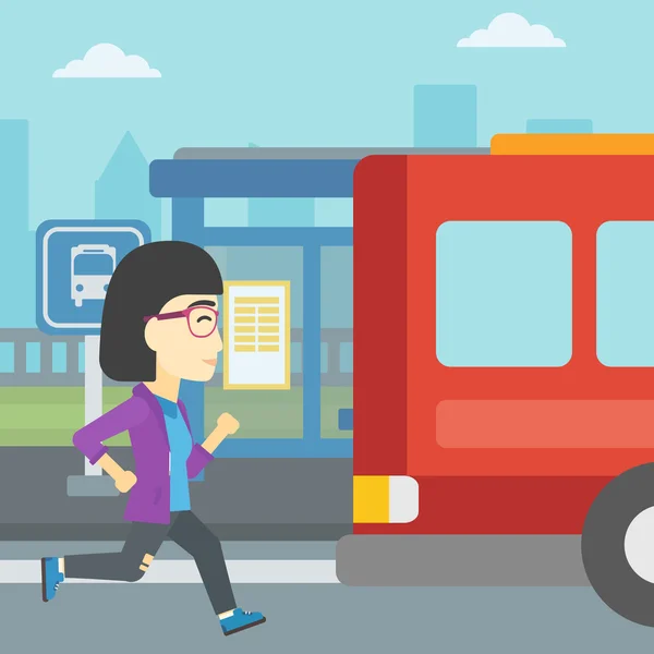 Latecomer mulher correndo para o ônibus . — Vetor de Stock