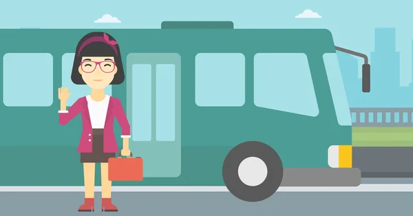 Mulher viajando por ônibus ilustração vetorial . — Vetor de Stock