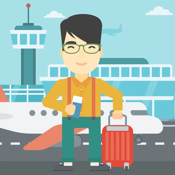 Man with suitcase and ticket at the airport. — Stock Vector