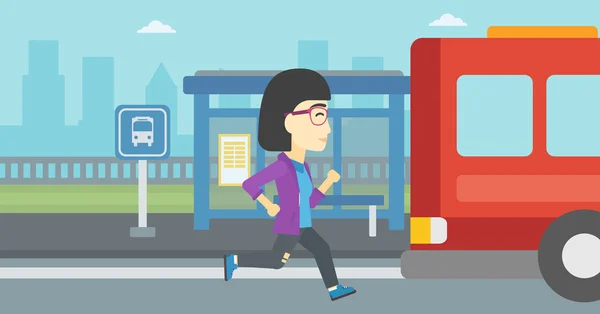 Latecomer mulher correndo para o ônibus . — Vetor de Stock