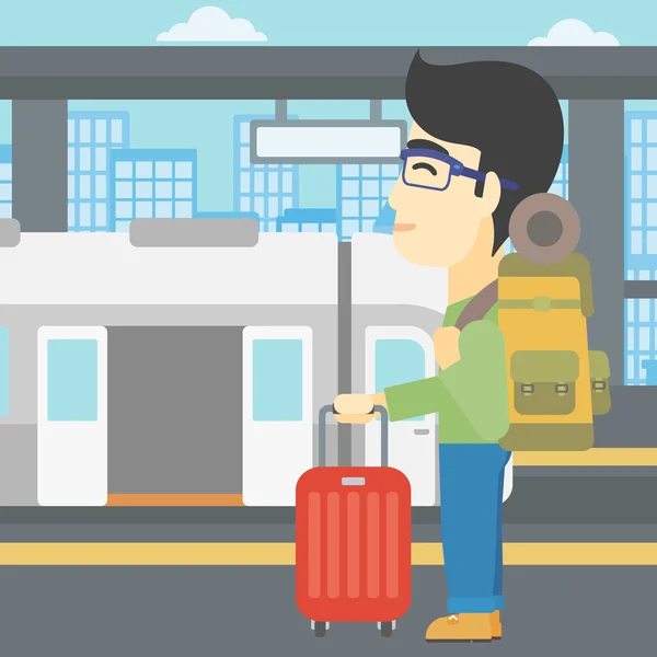 Man op het treinstation vector illustratie. — Stockvector