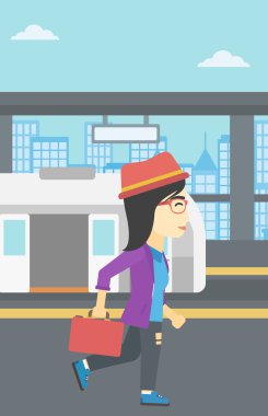 Woman at the train station vector illustration.