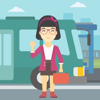 Woman travelling by bus vector illustration.