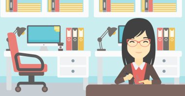 Woman using three D pen vector illustration.