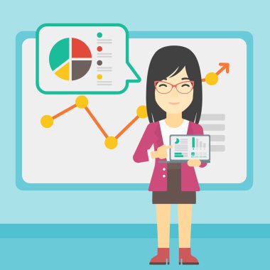 İş kadını bir dizüstü bilgisayarda rapor sunma.