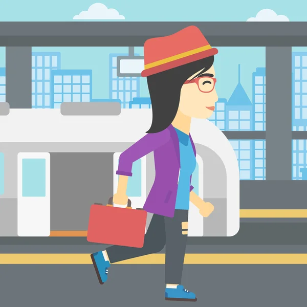 Woman at the train station vector illustration. — Wektor stockowy