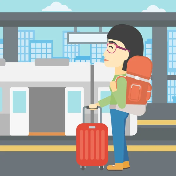 Woman at the train station vector illustration. — Stok Vektör