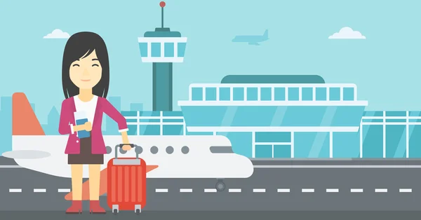 Mujer con maleta y billete en el aeropuerto . — Vector de stock