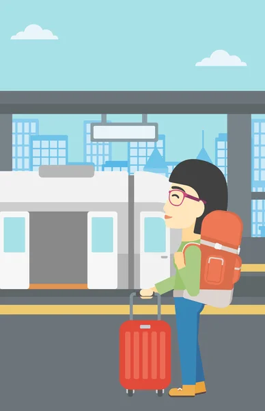 Woman at the train station vector illustration. — Διανυσματικό Αρχείο