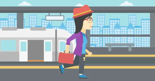 Mujer en la estación de tren vector ilustración . — Vector de stock