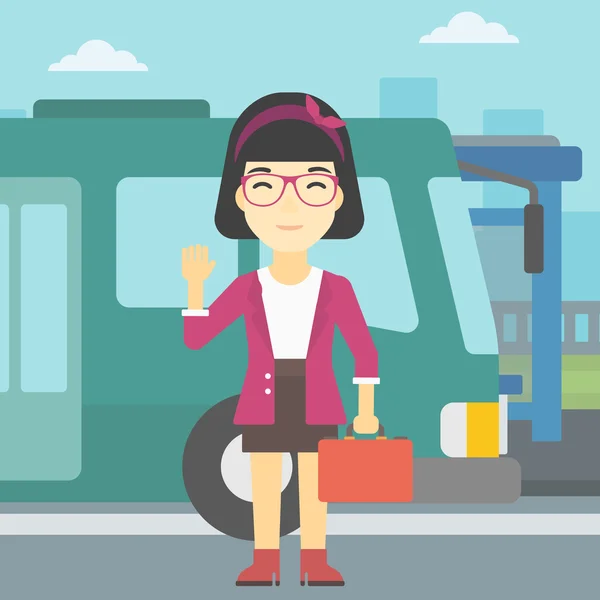 Donna che viaggia in autobus vettoriale illustrazione . — Vettoriale Stock
