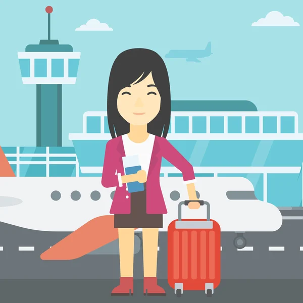 Woman with suitcase and ticket at the airport. — Stock Vector