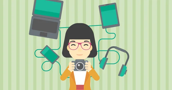 Woman surrounded with her gadgets. — ストックベクタ