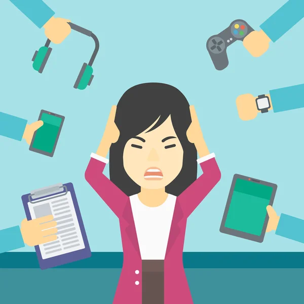 Woman surrounded with her gadgets. — Stockvector