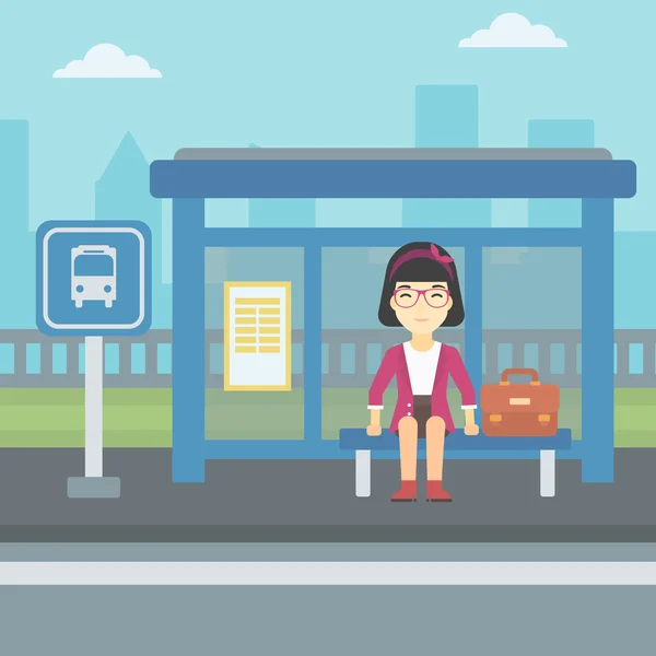 Жінка чекає на автобус на зупинці . — стоковий вектор