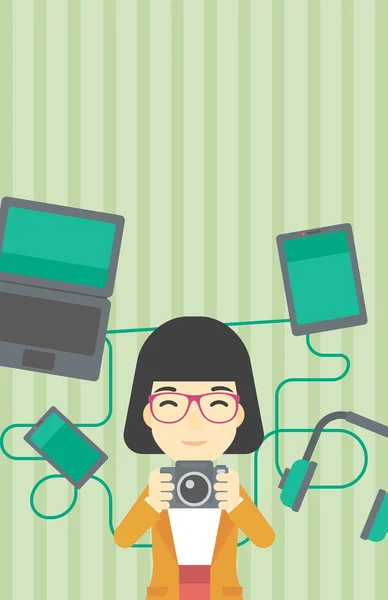 Woman surrounded with her gadgets. — 스톡 벡터