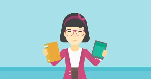 Woman choosing between book and tablet computer. — Stockvector