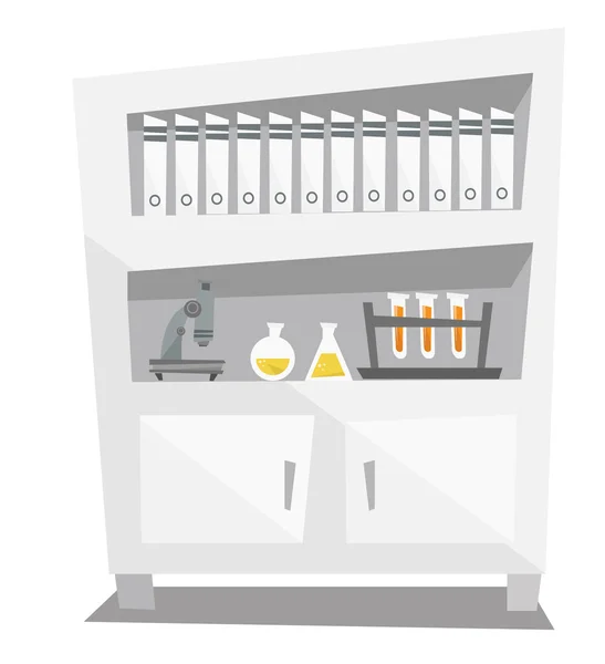 Estantes con carpeta, microscopio, cristalería médica — Vector de stock