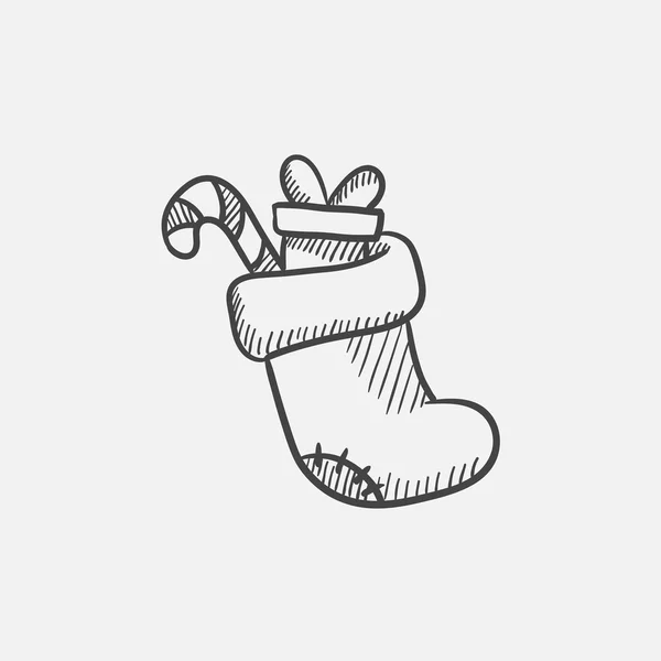 Sepatu Natal dengan hadiah dan ikon sketsa tebu . - Stok Vektor