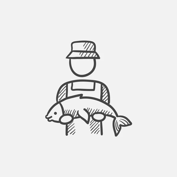Pescatore con grande pesce schizzo icona . — Vettoriale Stock