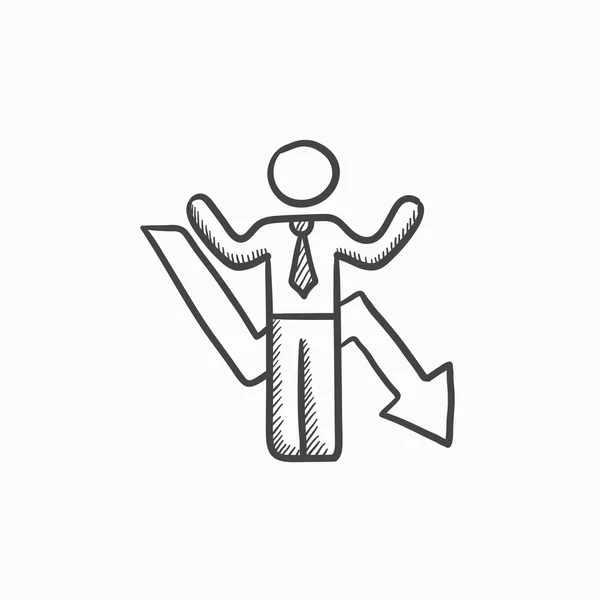 Homme d'affaires avec flèche vers le bas icône croquis . — Image vectorielle