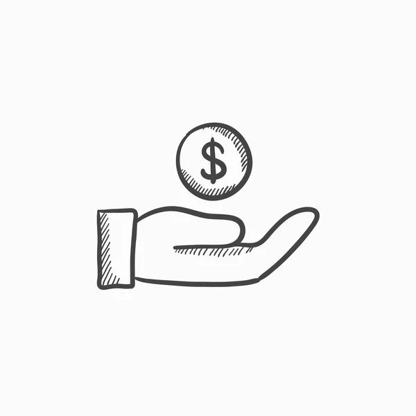 Hand en één munt schets pictogram. — Stockvector