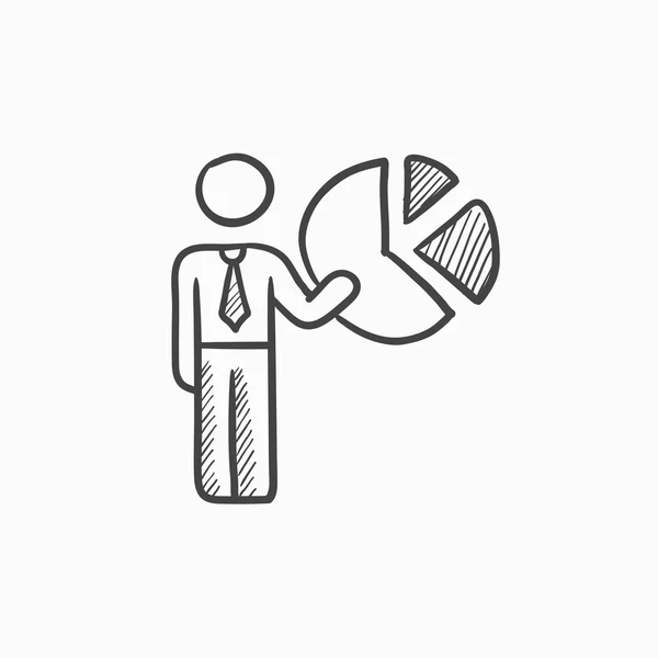 Geschäftsmann zeigt auf das Kuchendiagramm-Skizzensymbol. — Stockvektor