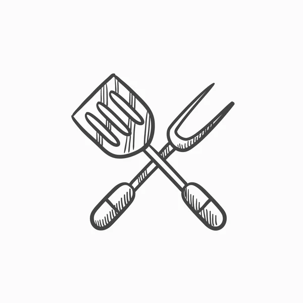 Espátula de cocina y gran tenedor icono de boceto . — Vector de stock