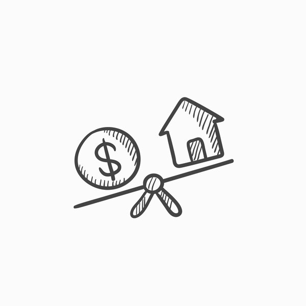 House and dollar symbol on scales sketch icon.