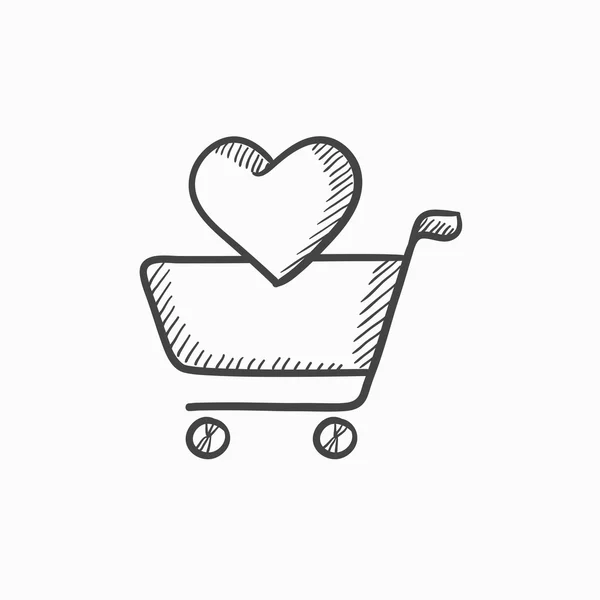 Carrito de compras con icono de boceto de corazón . — Vector de stock