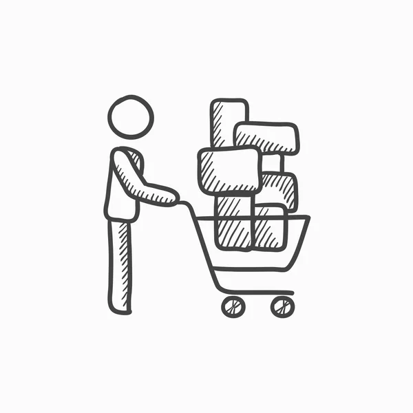 Hombre empujando icono de boceto carrito de compras . — Vector de stock