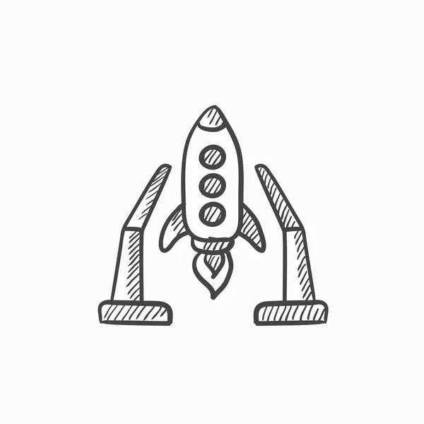 Transbordador espacial en el icono de boceto de área de despegue . — Vector de stock