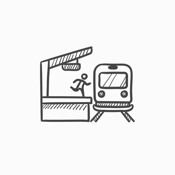Homem corre ao longo da estação ferroviária ícone esboço plataforma . — Vetor de Stock