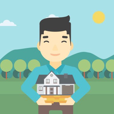 Adam tutan ev modeli vektör illüstrasyon.